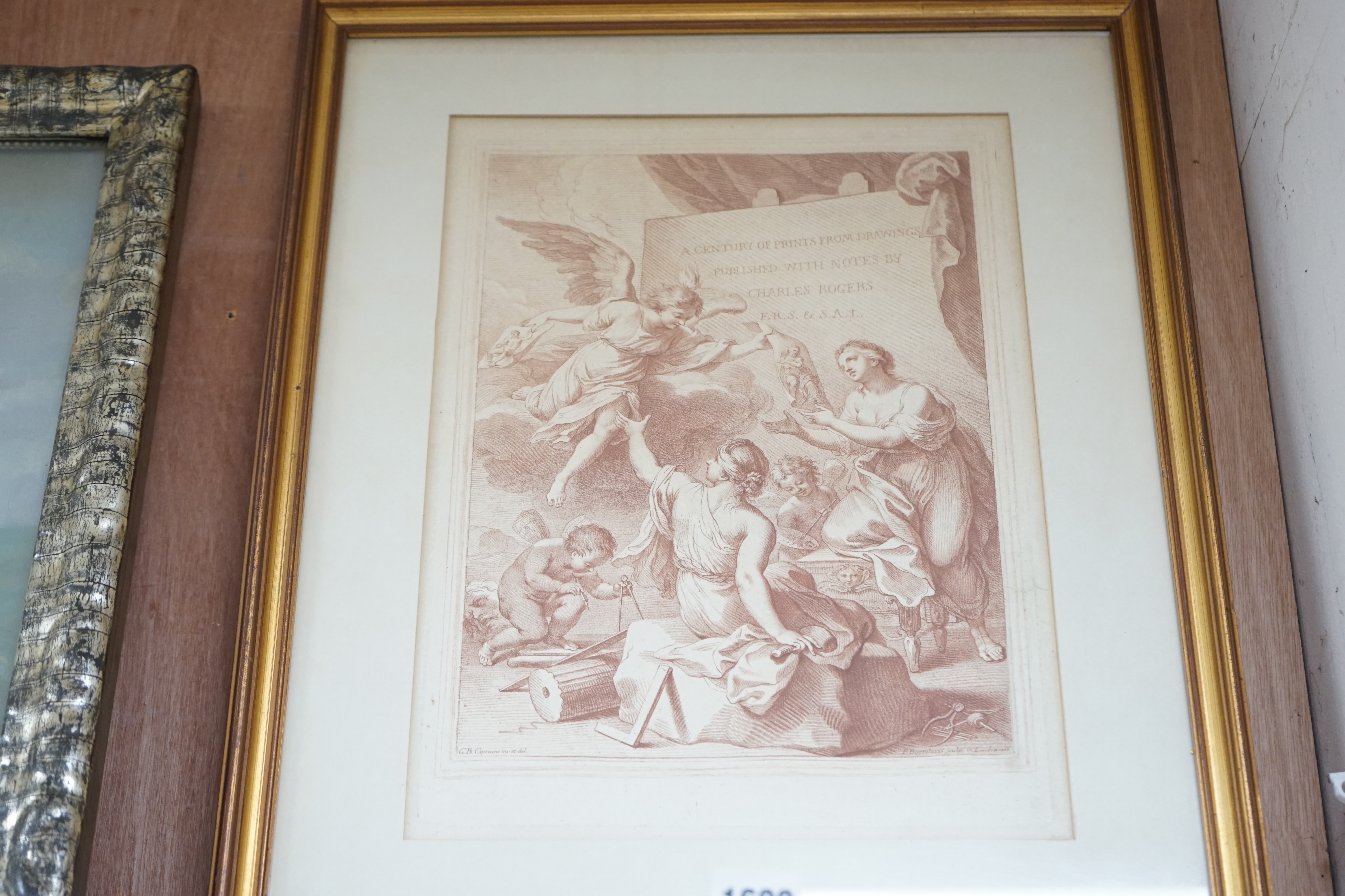 After Francesco Bartolozzi (Italian, 1727-1815), sanguine engraving, 'A century of prints from drawings published with notes by Charles Rogers’ and ‘Paris and Oenone’, largest 41 x 28cm. Condition - poor to fair, brownin